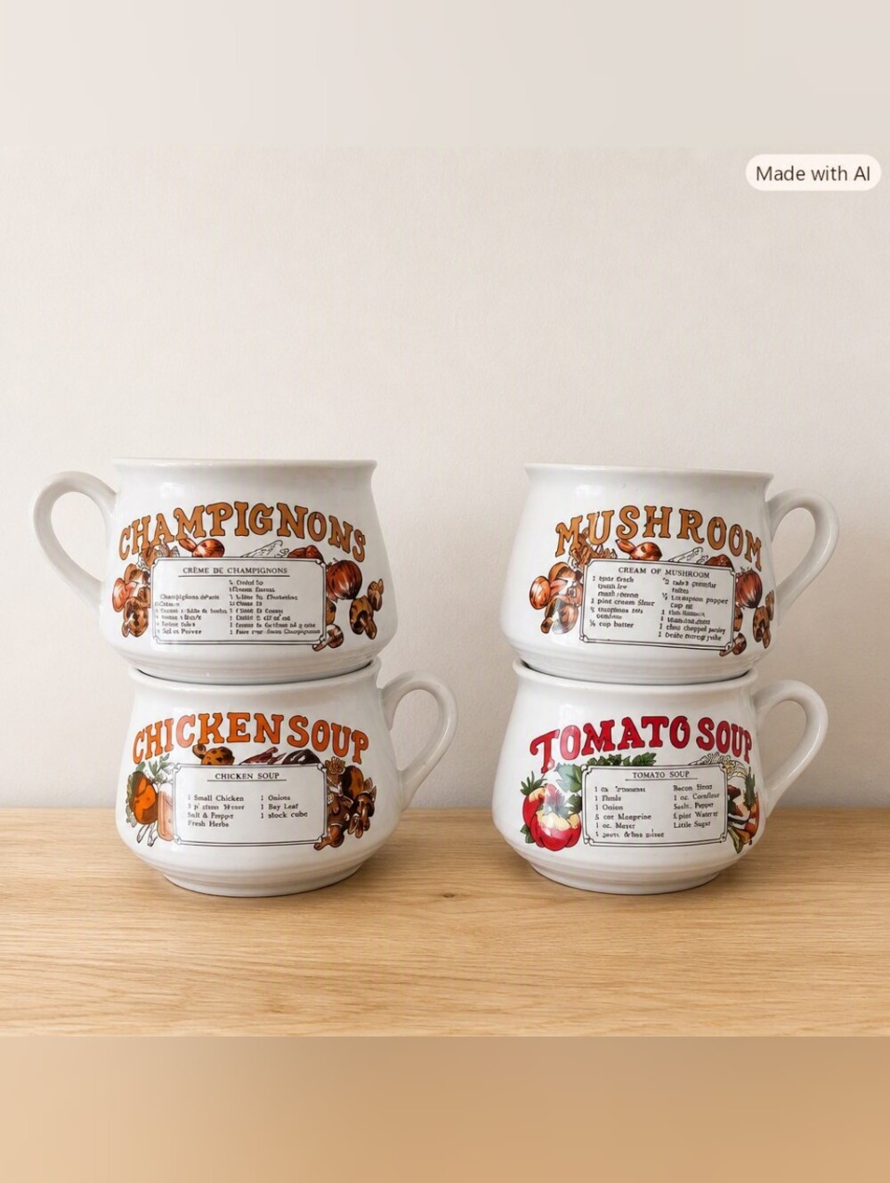 Vintage-Inspired Soup Mug Set - White Ceramic with Retro Food Labels